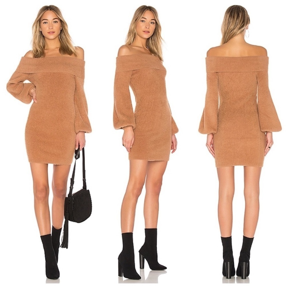 Tularosa Revolve Gramercy Off the Shoulder Sweater Dress in Camel